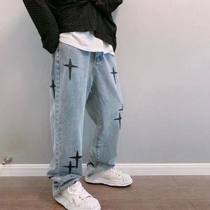 Vibe Style Cross Embroidery Retro Washed Men Baggy Jeans Trousers Hip Hop Distressed Vintage Denim Pants Pantalons s 220621