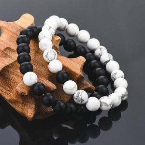 Pulseira por atacado de mixagem de 8 mm de pedra natural de 8mm de pedra correspondentes de casais com amantes de uivo branco fosco para homens jóias