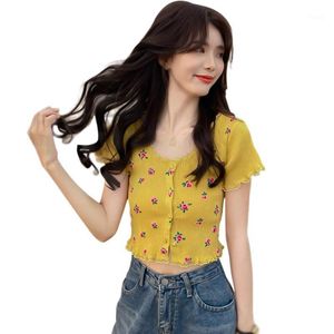 여성용 티셔츠 Efinny 한국어 스타일 여름 꽃 프린트 티셔츠 O 넥 레이스 버튼 짧은 노출 된 배꼽 꼭대기 귀여운 반팔 니트