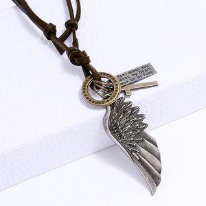 Wholesale wing charm necklace resale online - Metal Angel Wing Pendant Necklace Letter ID Ring Corss Charm Adjustable Chain Leather Necklaces for Women Men Fashion Jewelry Gift