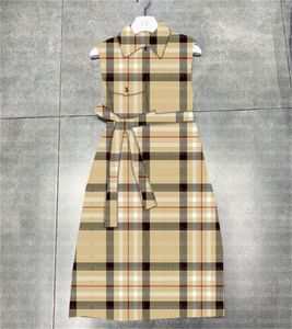 Women Casual Grid Dresses With Waisting Belt Drawstring Small Letter Skirt Turn-down Collar Pocket Work Dress