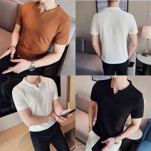 2022 Summer Nowy oddychanie jedwabna koszulka z krótkim rękawem Homme Fashion okrągły kołnierz Slim Fit Casual T Shirts Men Clothing Sprzedaż Y220606