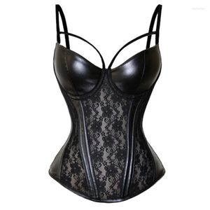 Bustiers Corsets Corset feminino Lady Strap Push Up Gothic Corslet Sexy Black Lace Apliques Pu Leather Bustier Top Erotic Lingerie Plus