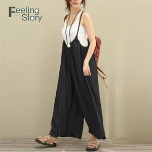 Women Office Casual Pants Cotton Linen Plus Size 5xl Dungarees Wide Leg Pants Women's Big Size Rompers Strap Long Trousers 201012