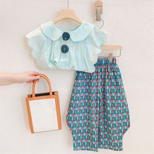 Summer Girls' Clothing Sets Hong Kong Style Doll Collar Wavy Sleeveless Top+Wide Leg Pants Baby Clothes Children Kids Outfits 220507