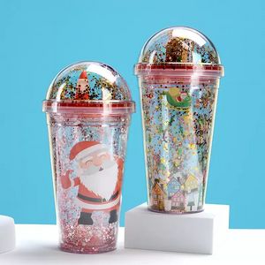15oz/450ml Christmas Cartoon Double Layer Bottles Mug Sequin Plastic Tumbler Reusable Clear Drinking Flat Bottom Cup Pillar Shape Lid Straw
