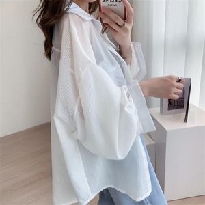 Houzhou White شفاف الشيفون بلوزة أنيقة النساء الصيف كبير الحجم نفخة طويلة الأكمام قميص على الطراز الكوري كارديجان أساسيا أعلى 220719