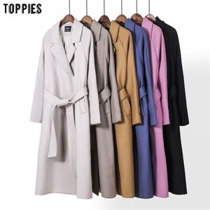 Toppies 양모 블렌드 코트 여성 롱 코트 재킷 50% 양모 한국 숙녀 아웃복 커버 버튼 201221