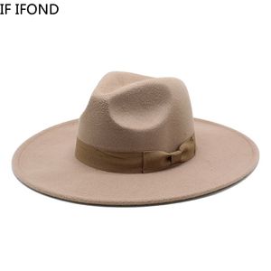 British Style Men Women Winter Feel Fedoras Cap 9.5cm Big Wide Brim derby Casamento Igreja Chapéus de Jazz 220514