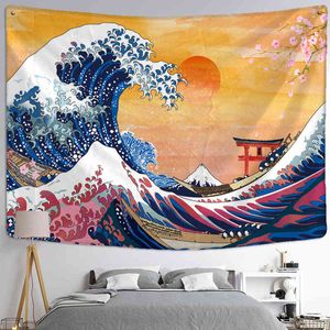 Tapestry Kanagawa vågor Oljefärg mattor vägg hängande bohemisk stiltryck p