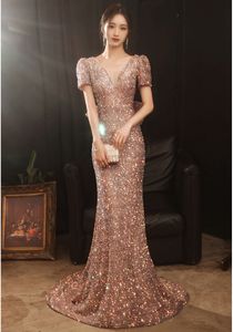 Rosa Sequined Mermaid Evening Dresses Sexy V Neck Backless Long Party Occsace Grows Formell Bridesmaid Dress Prom Dress Mermaid