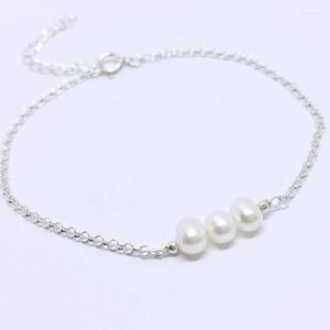 Link Chain Stainless Steel White Pearl Bracelet Anklet Rose Gold Filled Three Freshwater Custom Length