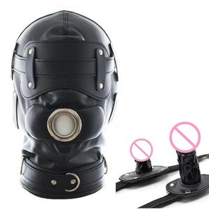 PU Leather Headgear Hood Silicone Dildo Mouth Oral Gag Bite BDSM Bondage Slave Adult Games sexy Mask Toys For Couples