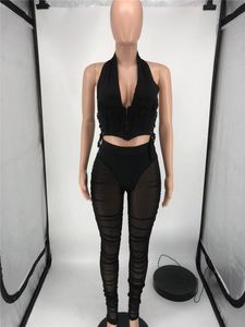 Women Tracksuits Mesh Two Piece Set V Neck Backless Tank Top+Sheer Pants Matching Set Party See Through Club Wear 7320