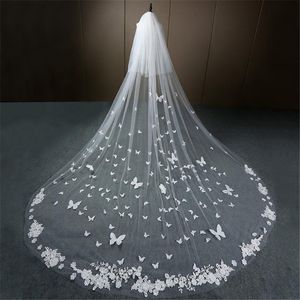 Bridal Veils Wedding Veil Long Lace Edge 3D Butterfly Floral Appliques Face-Covered Cathedral With Comb Velo De Novia White IvoryBridal