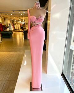 Graceful Pink Mermaid Prom Dresses One Shoulder Illuison Stain Evening Dress Custom Made Long Sleeve Flowers Pleats Women Formal Celebrity Party Gown
