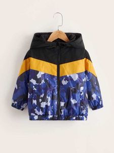 Criança meninos camo bloco de cor zip up casaco de inverno encapuçado ela