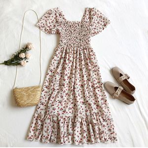 Floral Dress Boho Puff Sleeve Square Neck Dress Women Vintage Summer Beach Dresses Korean Kawaii Ruffle Clothes Vestidos