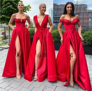 Sexig hög slits röd brudtärna klänningar kvadrat krage spaghetti rem ficka en linje kvinnor lång bröllop fest klänning vestidos bc12706