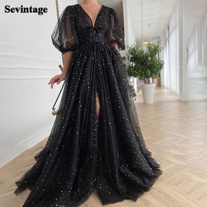 Sevintage Black Starry Tulle Prom Dresses Half Puff Sleeves Party Party Plates Plats split Sweep Train Train Long Prom Belt 220429