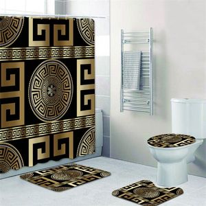 Cortinas de banheiro 3D luxuosas pretas douradas com chave grega Meandro Conjunto de cortinas de chuveiro para banheiro moderno geométrico ornamentado decoração de tapete de banho 220809