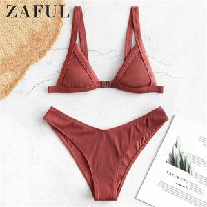 Biquíni TEXTURT RIBBBED FRONTEMENT BIKINI SET Straps Solid Sexy Push Up Swimwear Momen Swim Swim Sweet Biquini T200508