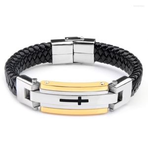 Charm-Armbänder aus echtem Leder, geflochten, Edelstahlverschluss, Kreuzmuster, schwarze Armreifen für Männer, modisches Geschenk, Charm Inte22