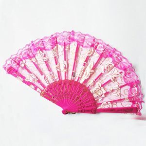 Lace Dance Fan Show Craft Folding Fans Rose Flower Design Plastic Frame Silk Hand Fan GCE13670