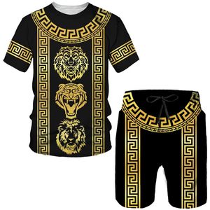 Мужские спортивные костюмы Летние мужские футболки с 3D-принтом «Золотой лев» Костюм Уличная мода Хип-хоп с круглым вырезом Шорты больших размеровМужские