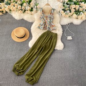 Summer Two-piece Suit Women's Short Floral Wood Ears Square Neck Camisole High Waist Wide Leg Carrot Pants UK857 210302