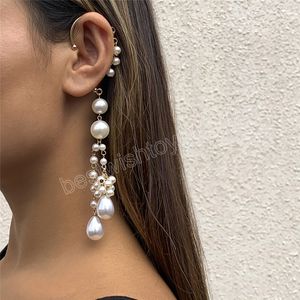 Vintage Imitation Pearl Long Tassel Clip Earring for Women Wedding Ear Cuff Fake Piercing Pendientes Jewelry Femme