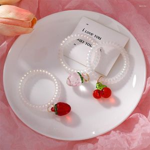 Beaded Strands Girl Creative Fruit Heart Cherry Strawberry Hair Rope Fresh Cute Rubber Band Bracelet For Women Fashion Jewelry Accessories F