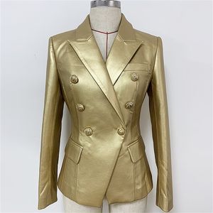 HIGH QUALITY 2020 Baroques Designer Blazer Women s Double Breasted Metal Lion Buttons Gold Leather Jacket Blazer LJ200911