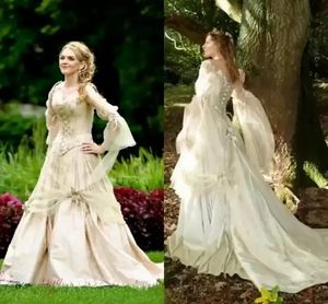 Vintage Gothic Brautkleider, Prinzessin, Korsett-Rücken, Langarm, Champagner, Landhaus-Garten-Hochzeitskleid, keltisches Renaissance-Cosplay-Boho-Brautkleid