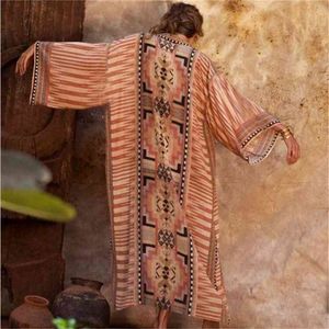 TEELYNN Boho Beach Robe Cotton Orange Ethnic Floral Print Kimono Vestidos Women Long Sleeve Tunic Top Blouses Cover Up Plus Size 210319