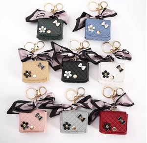 Leather Mini Bag Charms Key Rings with Silk Scarf Earphone Holder for Women Girls Gift