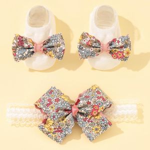 Hair Accessories Lovely Pearl Bows Born Baby Girl Headband Socks Set Lace Flower Band Turban Little