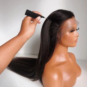 180dnesity t Part Yaki Straight Lace Front Wig Naturlig färg syntetisk långa peruker värmebeständigt fiber hår pre plocked huvudband