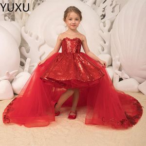 Puffy Flower Girls Kleider 3d Blume Paillettenlange Zug Kinder Kleinkind Teenager Festzugskleider Geburtstagsfeier Kleid für Hochzeitskocher Kleid