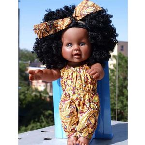 12inch African American Doll Black Baby Girl Figures With Head Band Orange Rompers Play Dolls For Kids Perfect Gift U