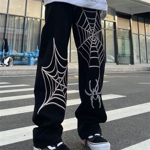 Mens jeans highend Korean version loose straight wide leg spider pants printing high street long pants men streetwear 220704