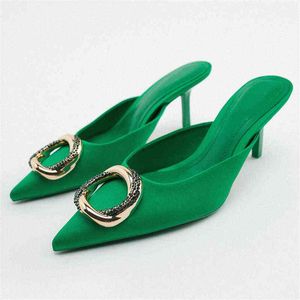 Sandálias Novas Mulheres High Saltos Sapatos 2022 WSL TRAF ZA Green Metal Decoração Bomba Casual Lady Slingback Chinelos 220413
