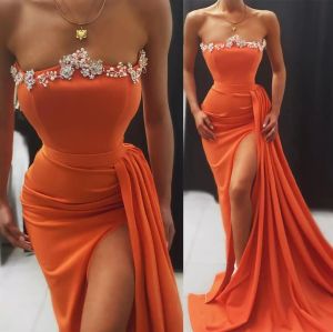 Dresses Orange Prom with Strapless Mermaid Side Slit Custom Made Plus Size Crystals Beaded Celebrity Party Ball Gown Formal Evening Wear Vestidos