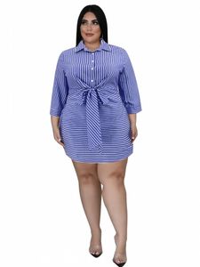 Abiti casual Abito corto a camicia Donna Corsetto a vita alta con lacci Manica a 3/4 Ropa Mujer Mini abito estivo con stampa a righe Street StyleCasual