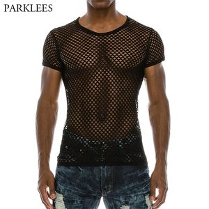 Mens Mesh Seethrough Fishnet T Shirt mode Sexig kortärmhet Niglub Wear Tshirt Men Party Perform Streetwear Tops 220616