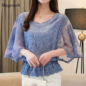 Butterfly Flower Half Sleeve Shirt Women Plus Size Fashion Chiffon Blus Summer Cotton Edge Lace O Neck Loose Shirt 4073 50 210308