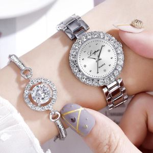 Armbanduhren Romantische Diamant Frauen Uhren Armband Set Voller Kristall Silber Stahl Gürtel Uhr Weibliche Geschenk Armreif Luxus Spiegel ClockWristwat