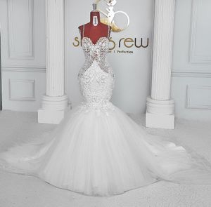 Abiti da sposa eleganti Abiti da sposa in pizzo Aso Ebi 2022 Cinghie Perline Sirena Plus Size Tulle Sexy Sweetheart Simpe Vestido De Noiva