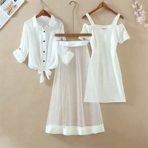 Sonbahar Yeni Üç Parçalı Set Moda Kıyafetleri Beyaz Uzun Kollu Gömlek Soğuk Kesim Omuz Mini Elbise Uzun Örgü Sheer Etekler LJ201117