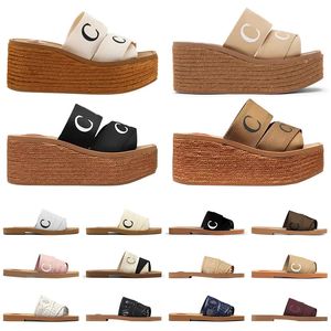 Yeni varış kadın tasarımcı sandaletler espadrille platform terlik odunsu katırlar kama topuk tuval dantel slaytlar kare ayak parmağı moda bayan kaydırıcı daireler sandal 35-42